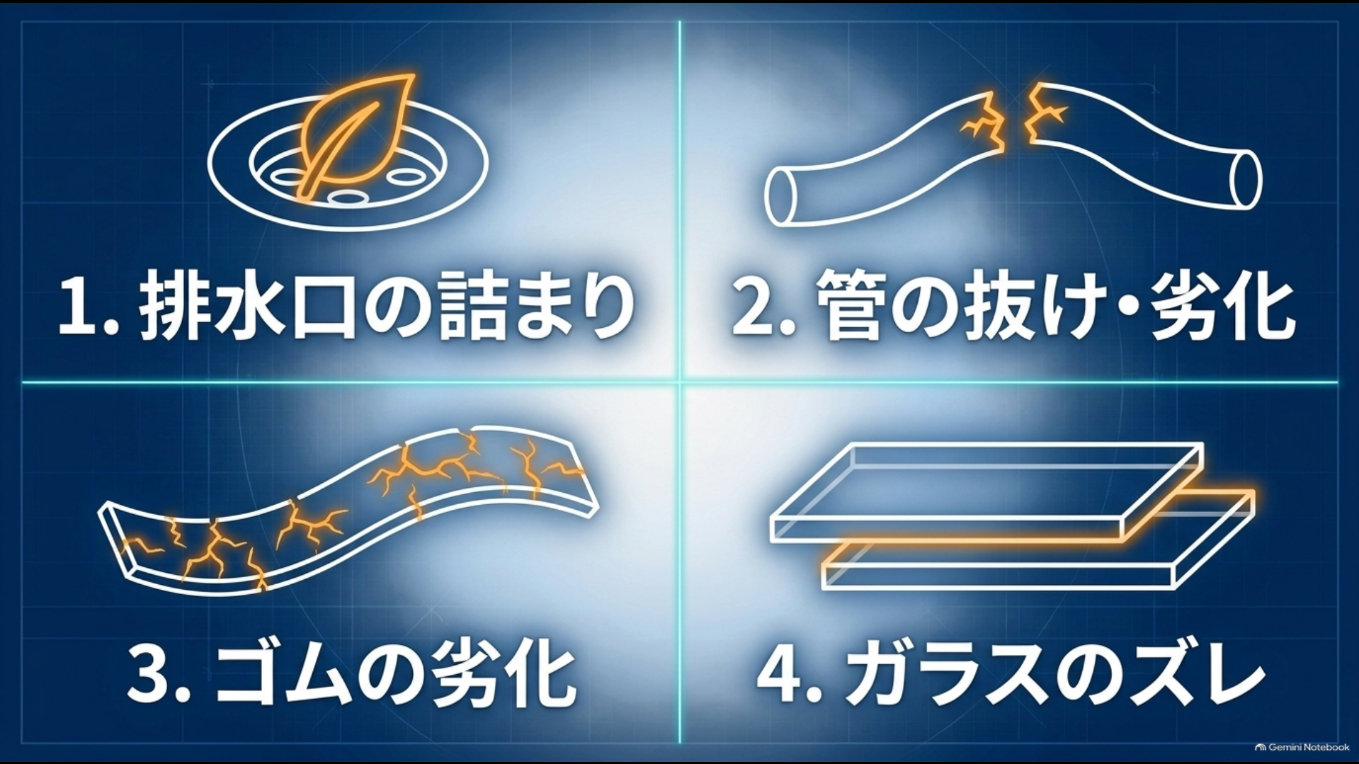 アルファードのサンルーフ雨漏りの主な原因である排水口詰まり、ホース劣化、ゴム劣化、ガラスずれ