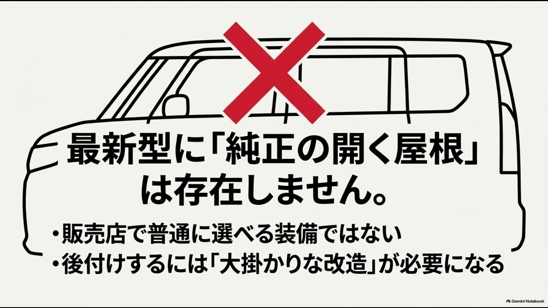 40系アルファードに純正の開閉式ポップアップルーフ設定がないことを示すイメージ