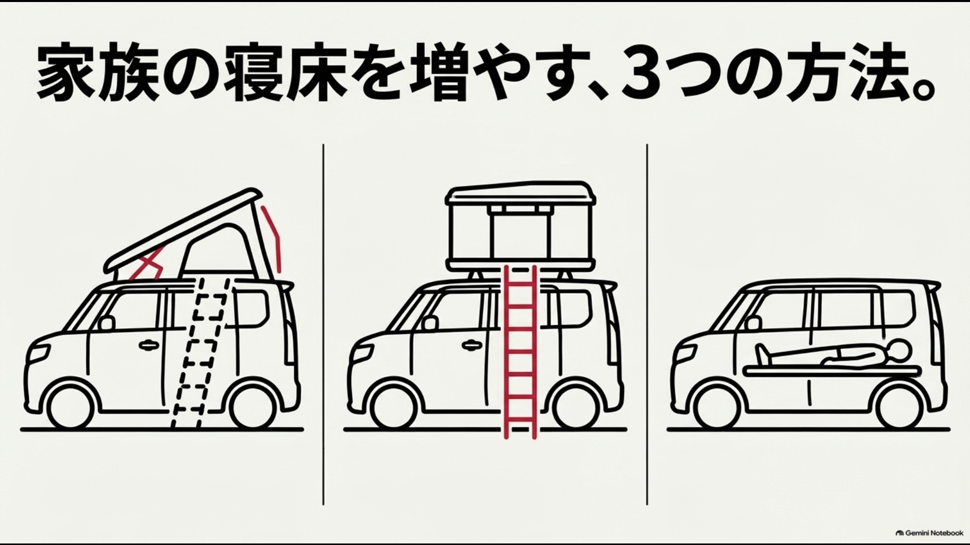 アルファードの寝床を増やす一体型ポップアップルーフ、ルーフテント、車内ベッドの3方式