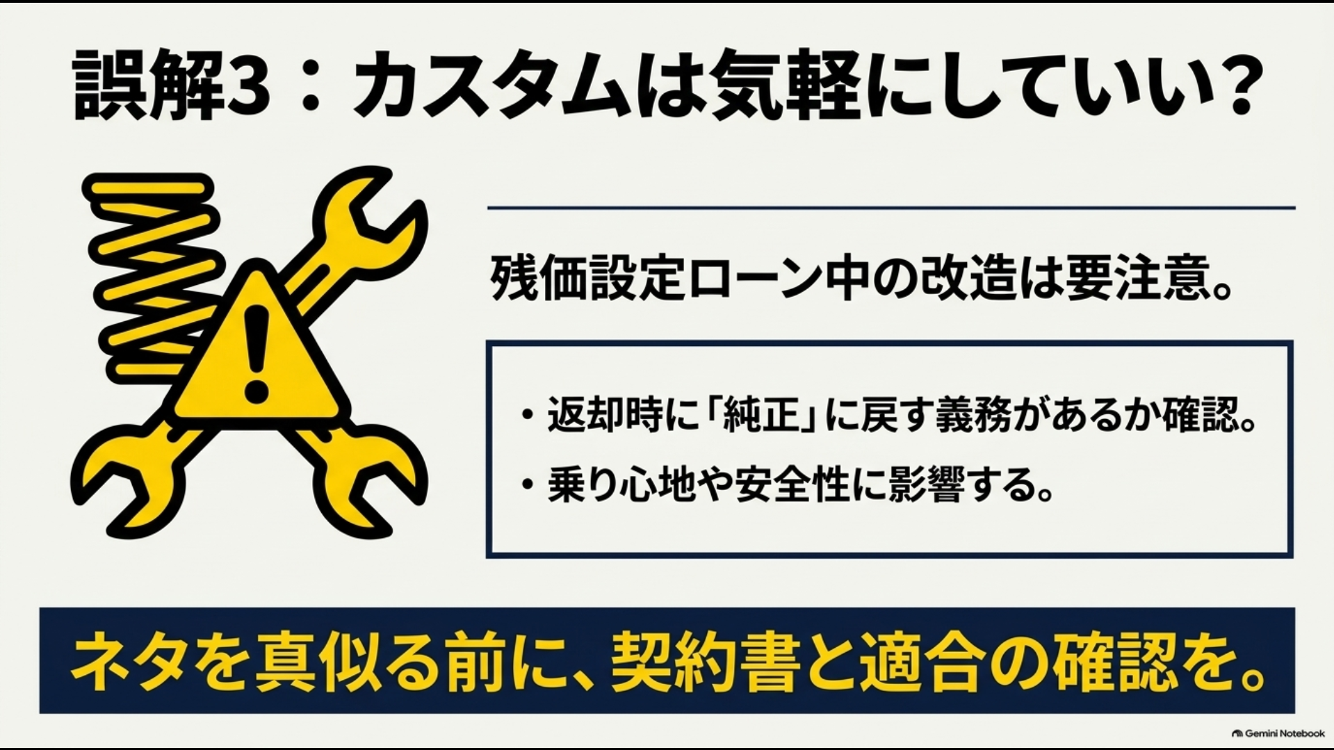 残価設定ローン中のアルファードをローダウンやカスタムする際に契約条件と部品適合を確認する重要性を示した図解