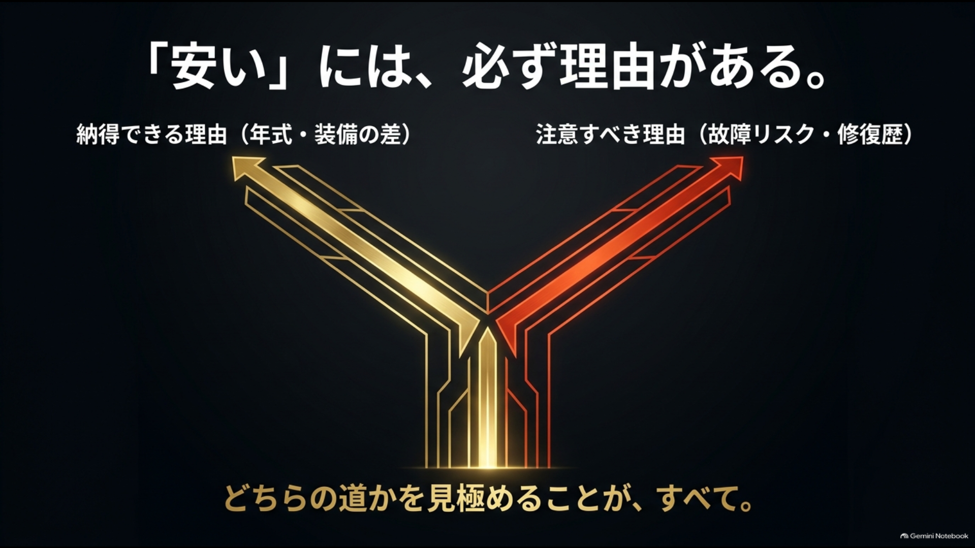 中古アルファードが安い理由を年式や装備と故障リスクや修復歴に分けた図