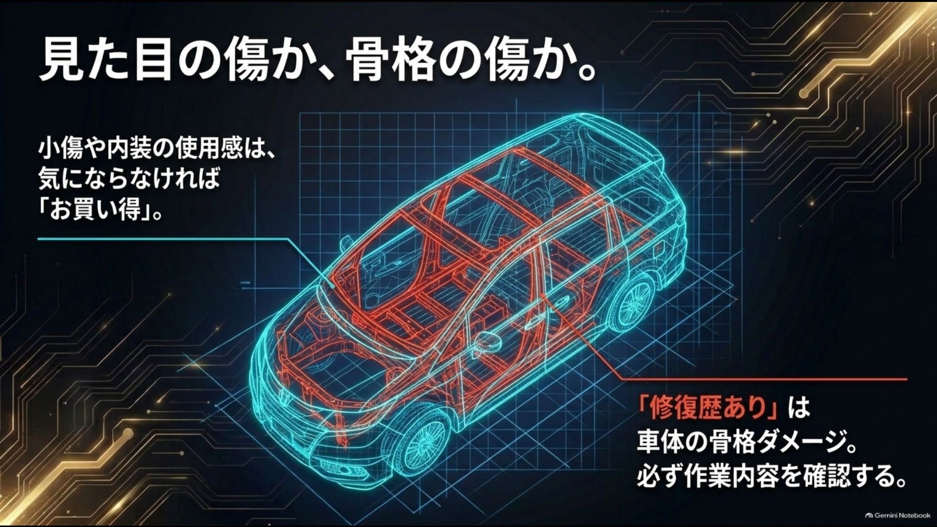 中古アルファードの外装の小傷と車体骨格に関わる修復歴の違いを示す図