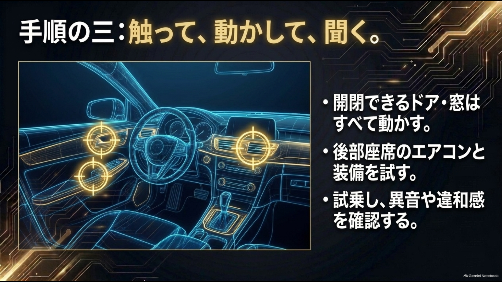 中古アルファードのドアや窓やエアコンを動かし試乗で状態を確認するイメージ