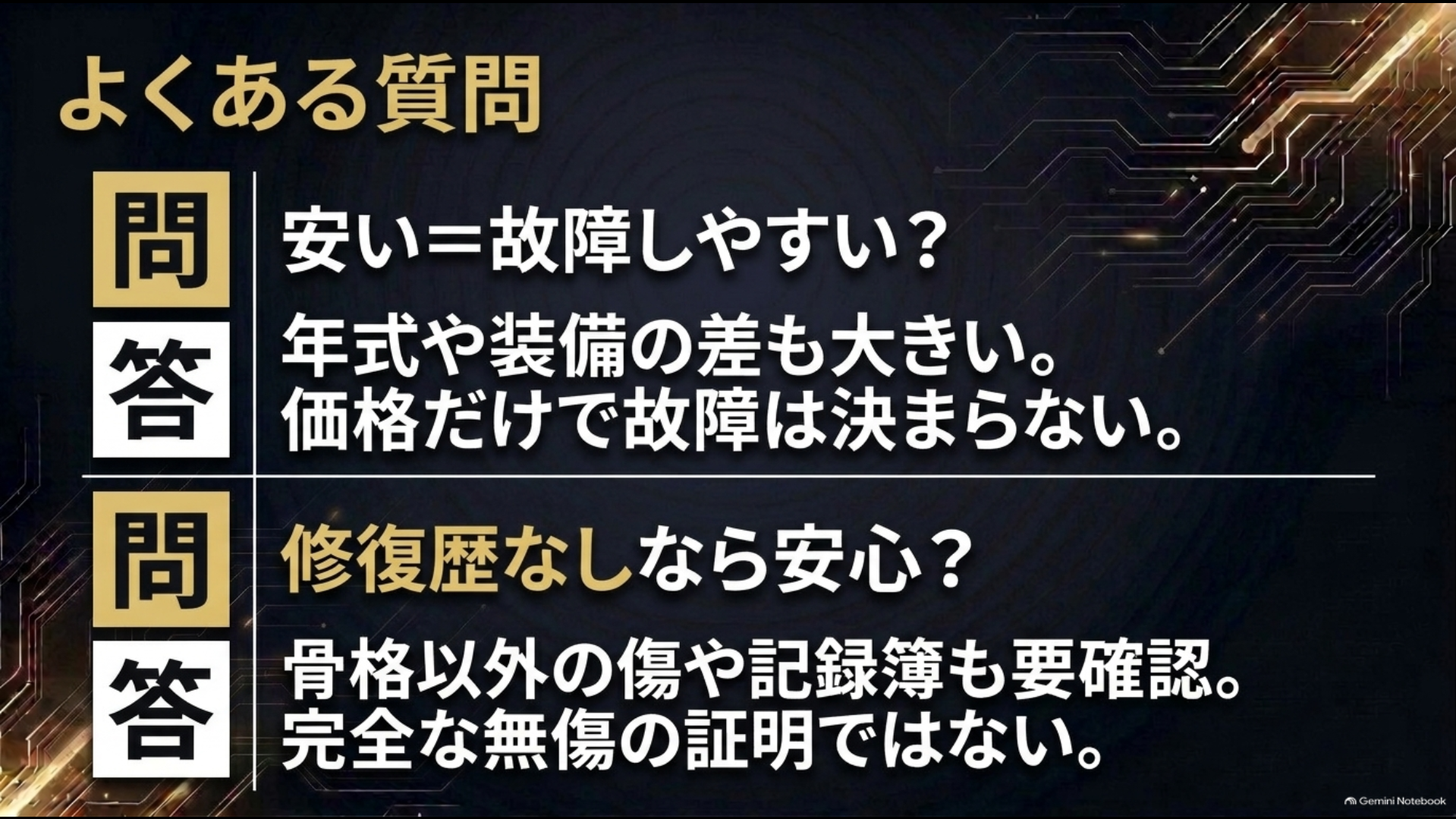 中古アルファードの安さと故障や修復歴についてのよくある質問をまとめた図