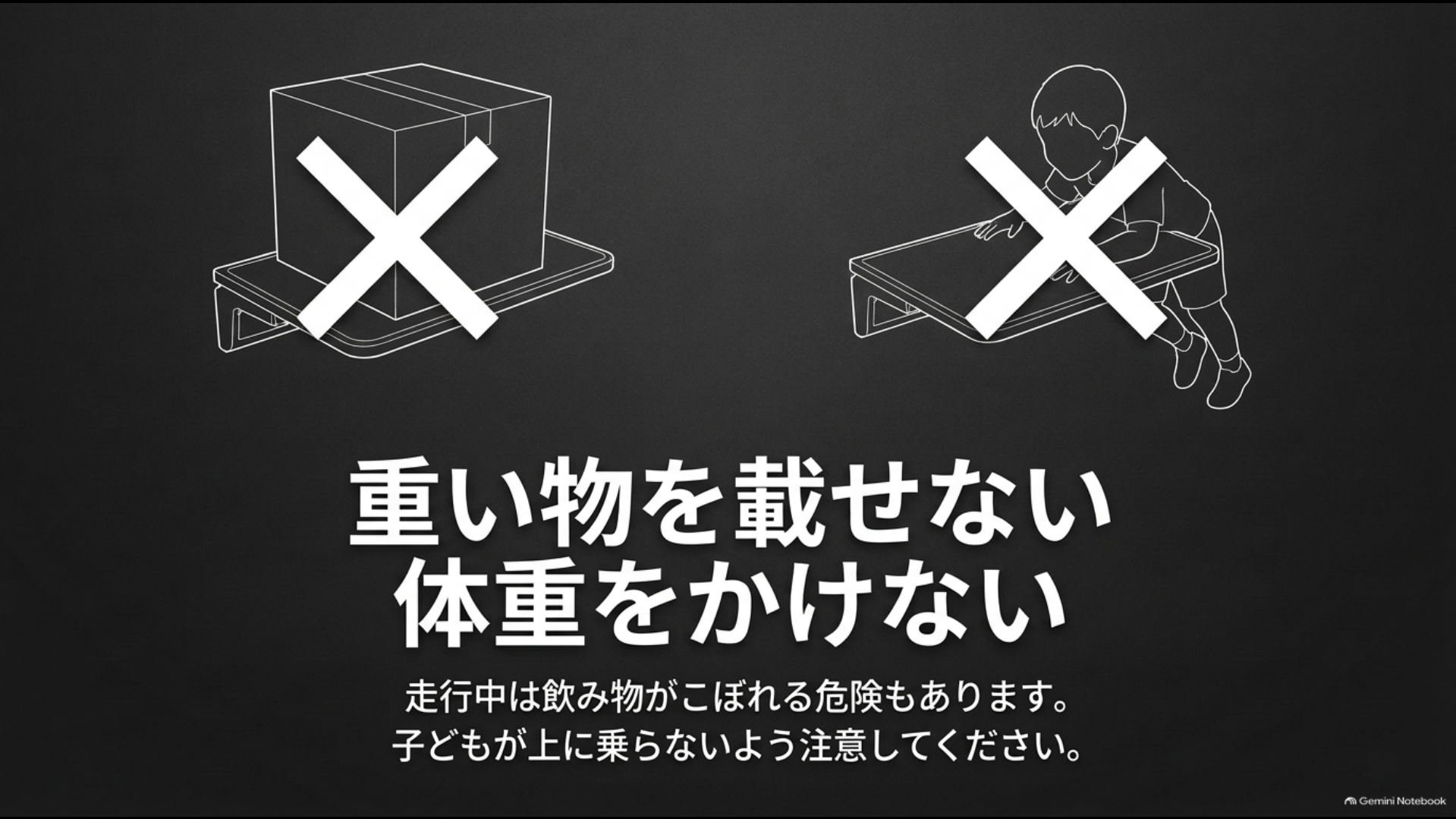アルファード後部座席テーブルに重い荷物を載せたり体重をかけたりしない安全上の注意