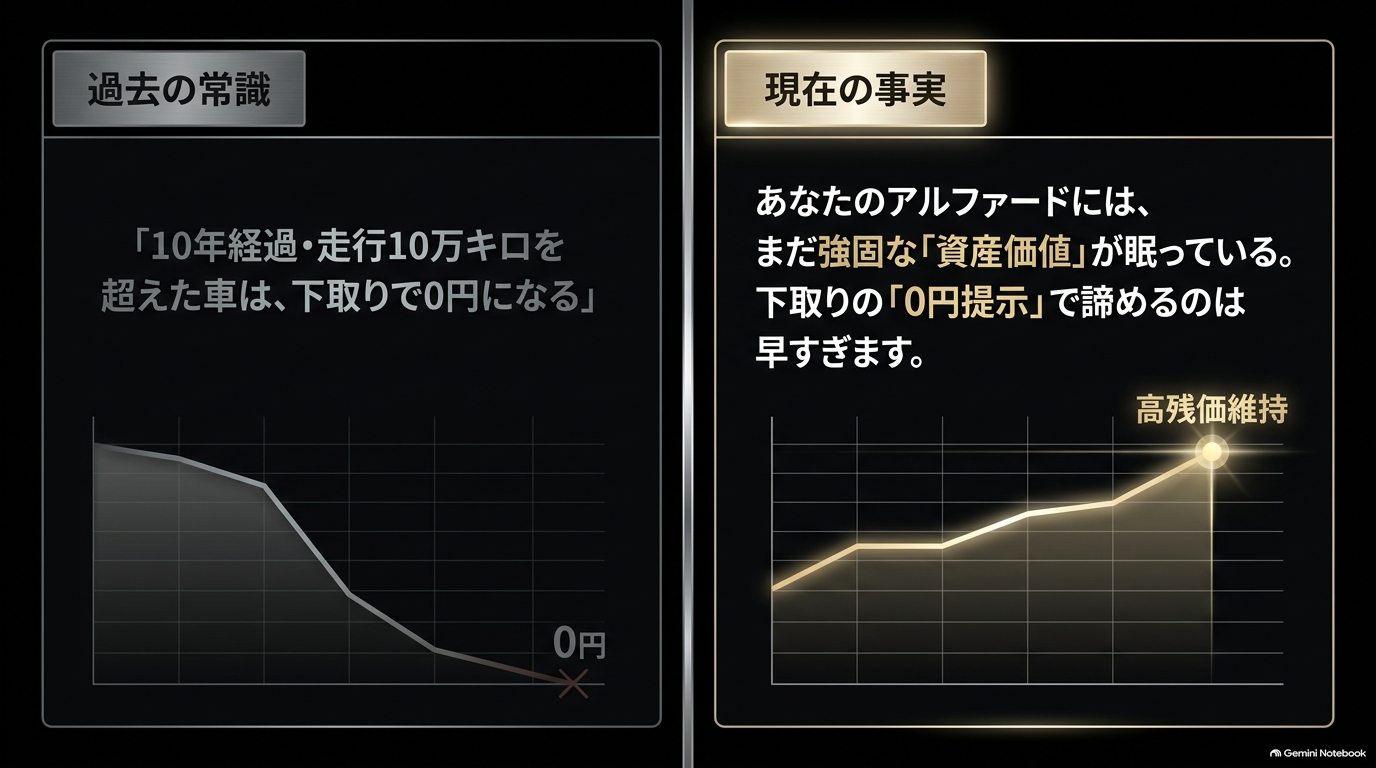 10年10万km超でも下取り0円ではないアルファードの高い残価【オートパーツらぼ・イメージ】 10年・10万km超の車は下取り0円という過去の常識とアルファードに残る高い残価の事実を比較したスライド