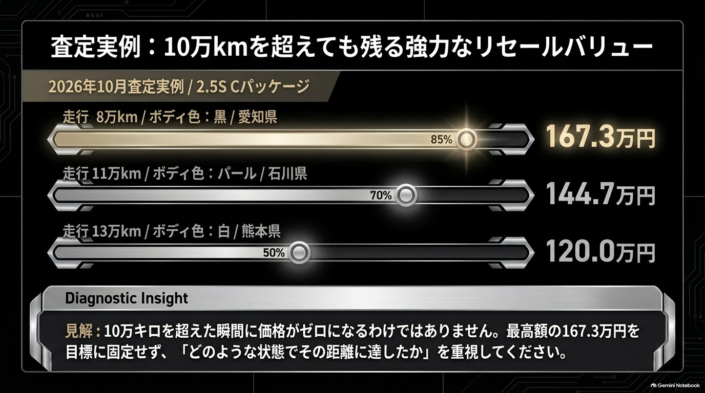 走行10万km超アルファードの査定実例と走行距離別買取価格【オートパーツらぼ・イメージ】 走行10万km超のアルファード査定実例データと走行距離に応じた具体的な買取価格を示すスライド