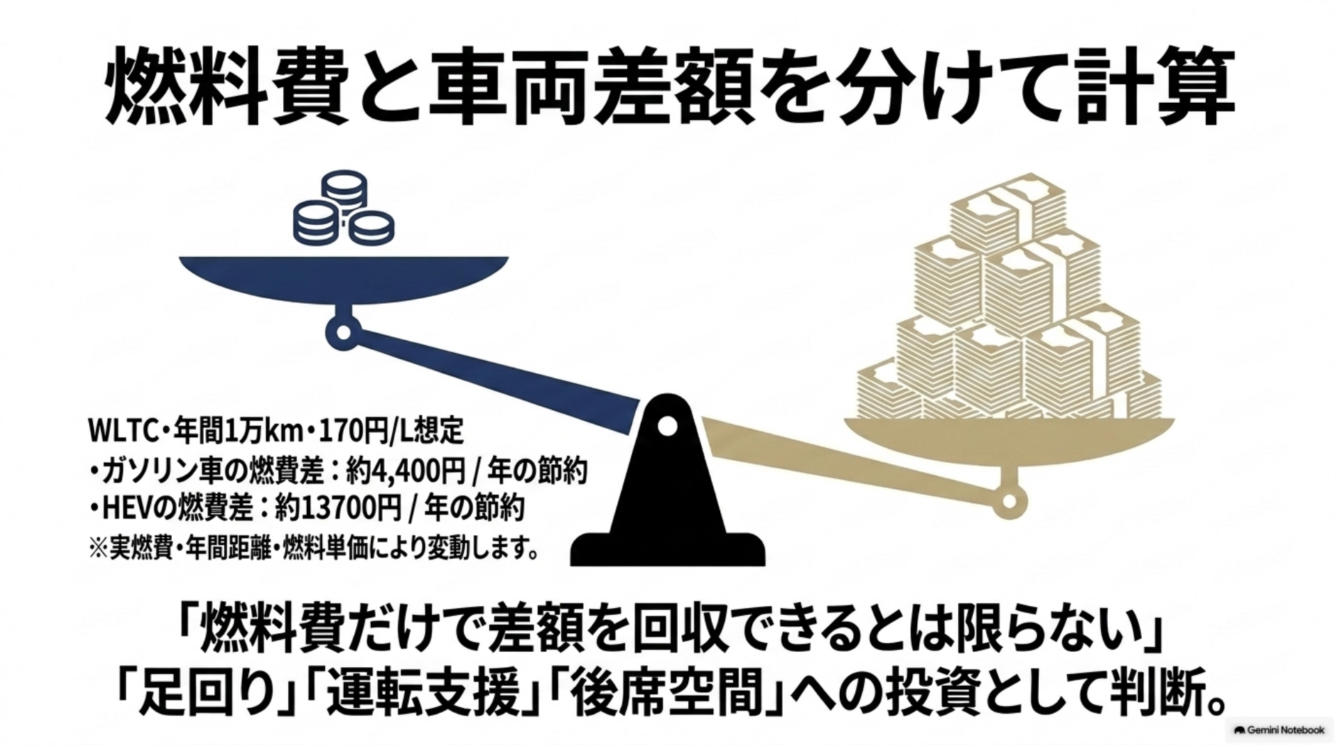 alphard-30-40-comparison-07-fuel-cost-difference 年間1万km・燃料単価170円・本文のWLTC値を仮定し、40系側の年間燃料費がガソリン同士では約4400円、HEV同士では約13700円少なくなる計算例。購入差額や使用条件も合わせて判断する図。
