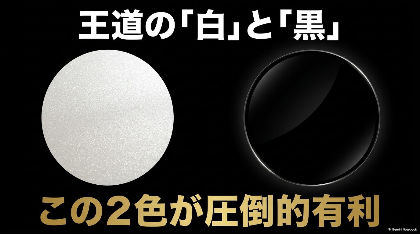 アルファードのボディカラーは定番のパールホワイトとブラックが査定で圧倒的に有利であることを示すスライド