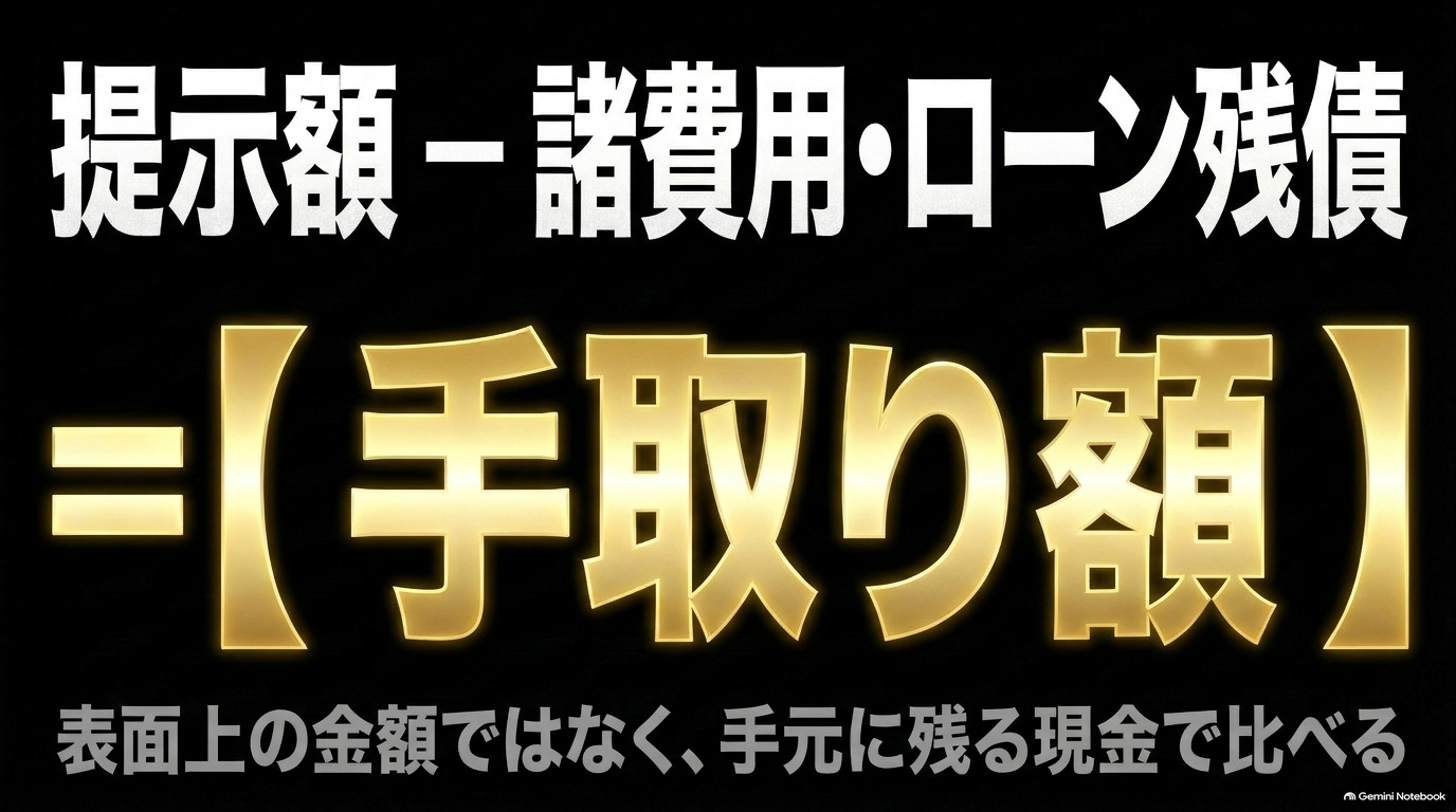 査定額の提示金額ではなく、諸費用やローン残債を引いた手取り額で比較する重要性を説くスライド