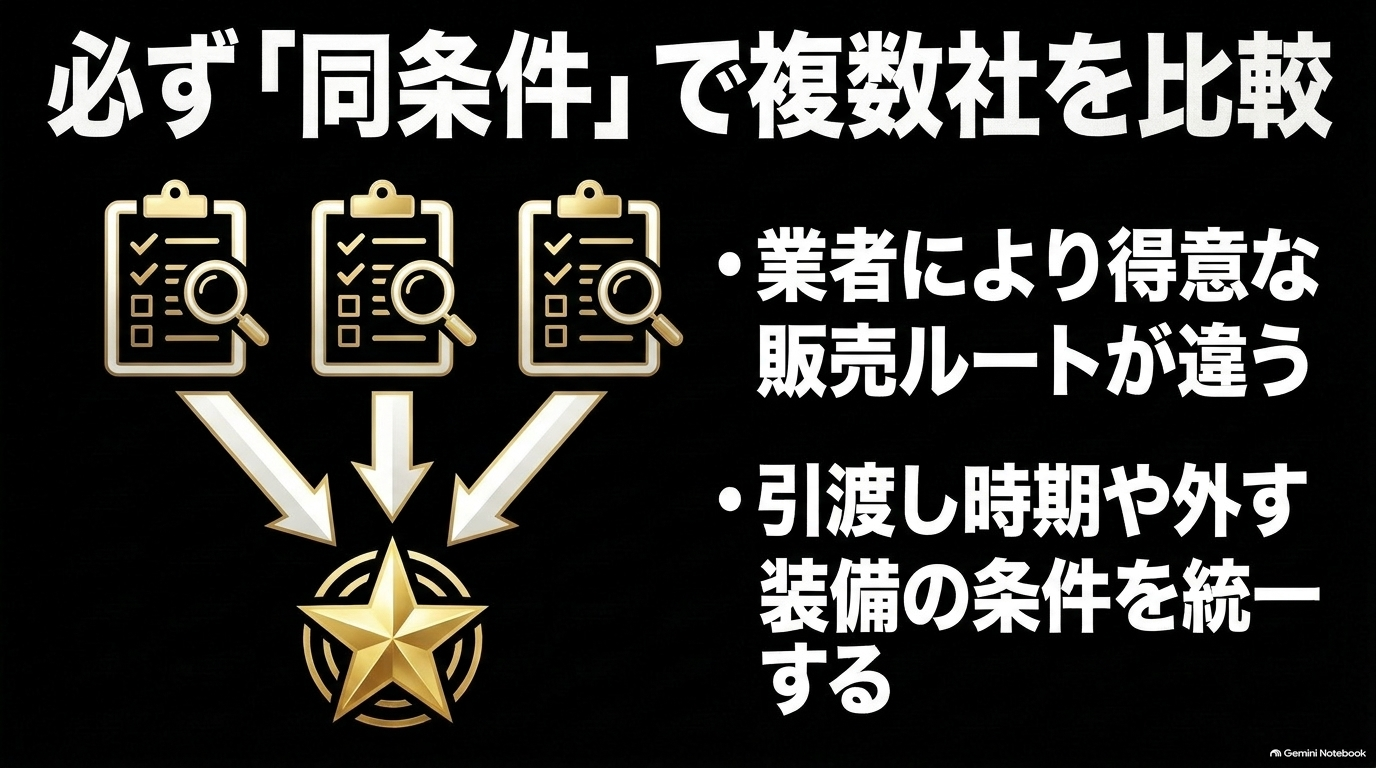 買取査定時は必ず引渡し時期などの条件を統一して複数社を比較する重要性を解説するスライド