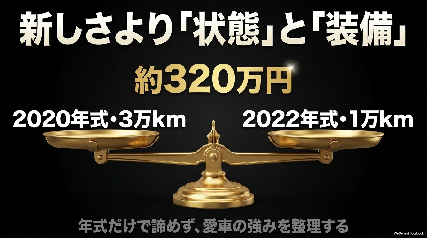 年式や走行距離だけでなく状態や装備が買取価格に影響することを示すスライド