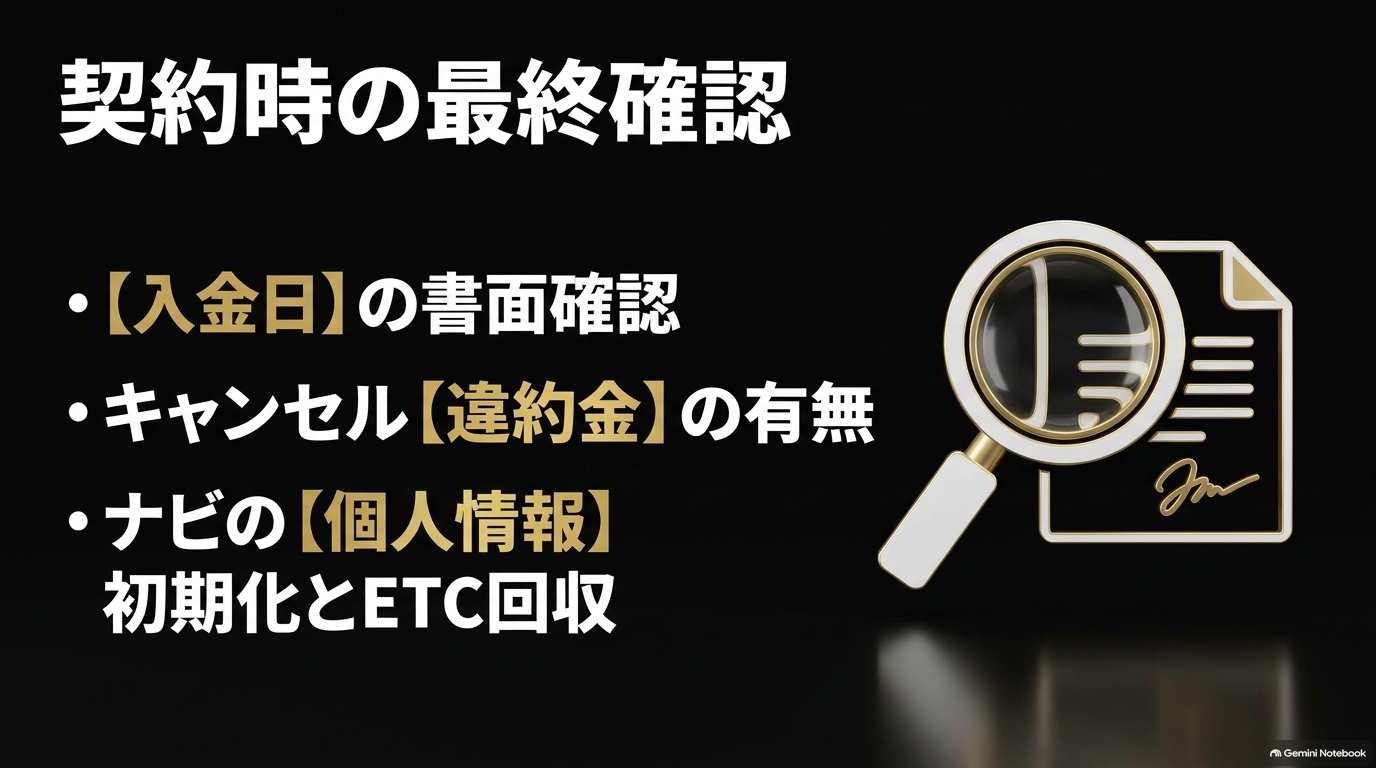 買取契約時に確認すべき入金日、違約金、個人情報初期化などの最終確認ポイントをまとめたスライド