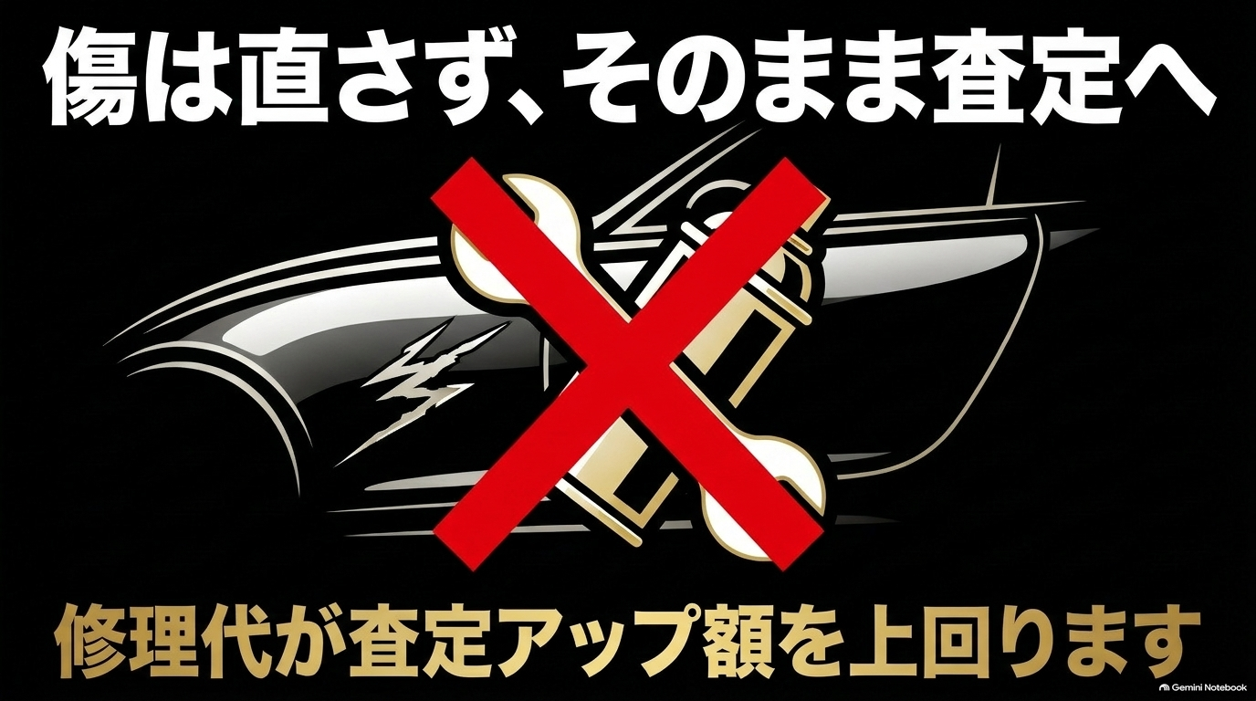 査定前に傷を修理すると修理代の方が高くつくため直さずに査定に出すべきと伝えるスライド