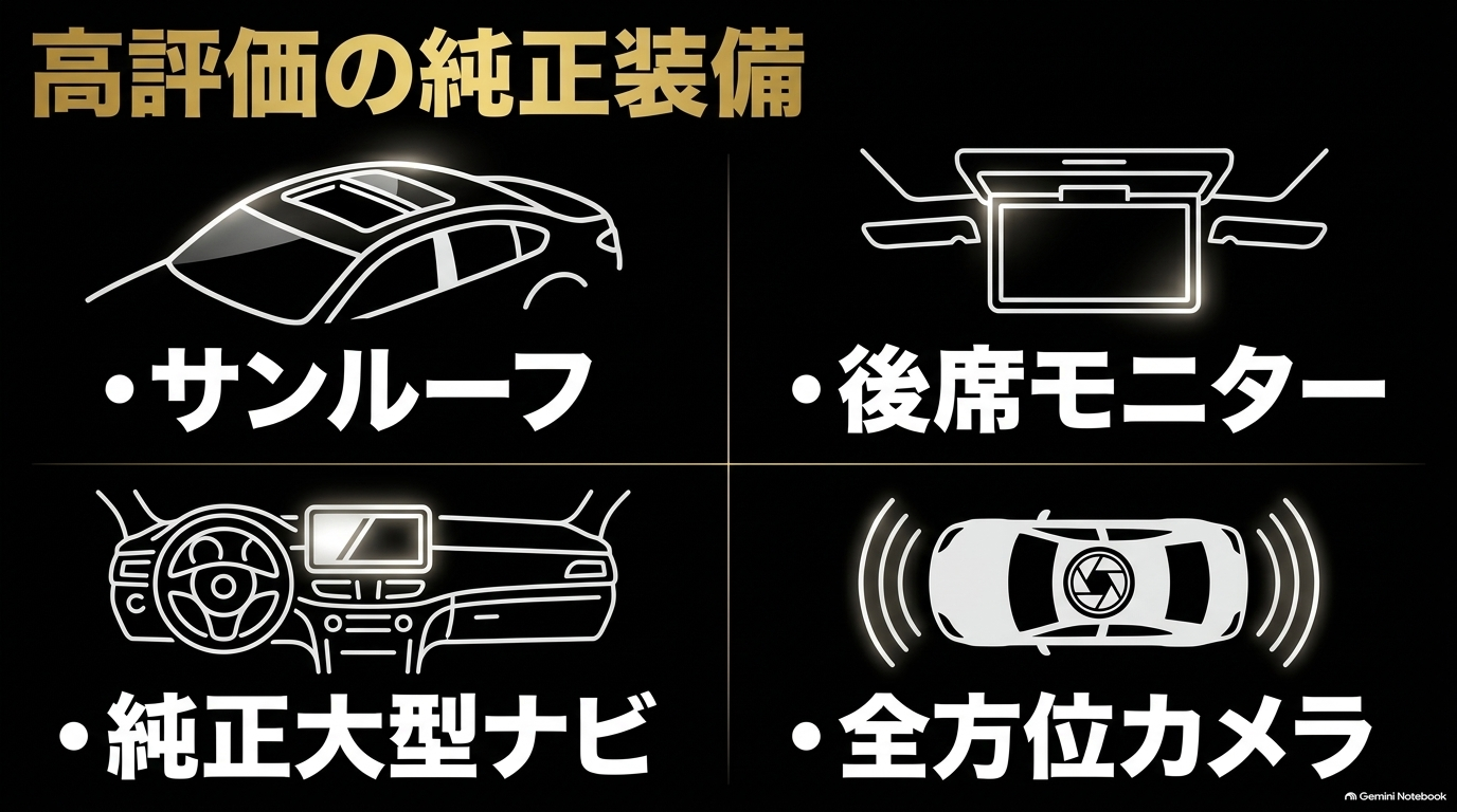 サンルーフ・後席モニター・純正ナビ・全方位カメラなど買取査定で高評価につながる4つの純正装備を紹介するスライド