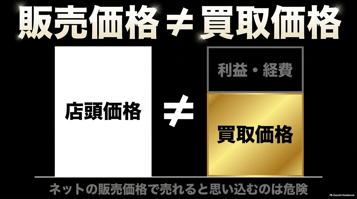 店頭の販売価格と実際の買取価格の構造的な違いを説明するスライド