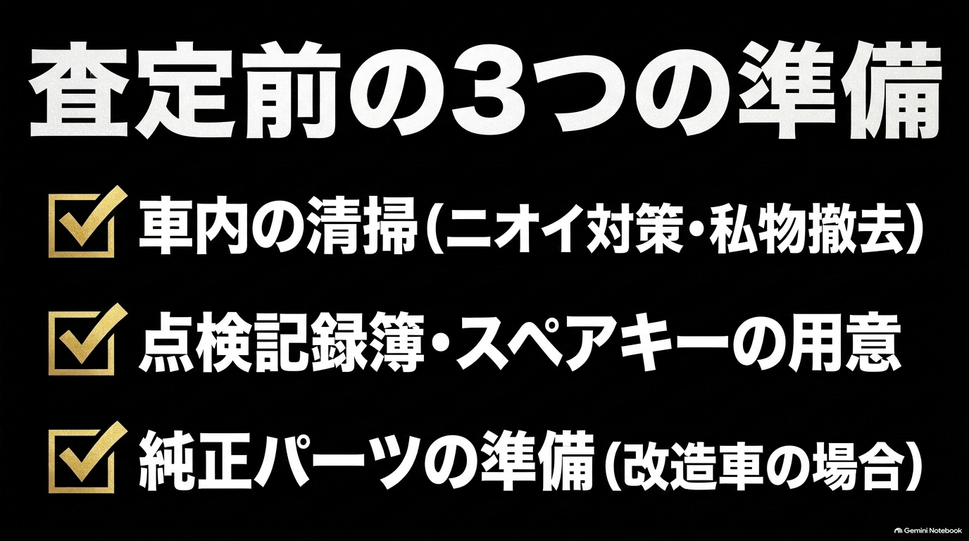 査定前にやっておくべき3つの準備事項（車内清掃、記録簿・スペアキー、純正パーツ）をまとめたスライド