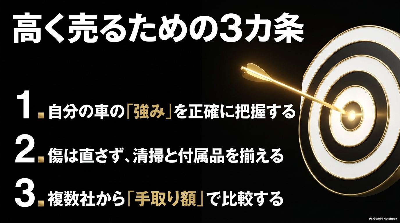 アルファード30系後期を高く売るためのまとめとして3カ条を提示するスライド