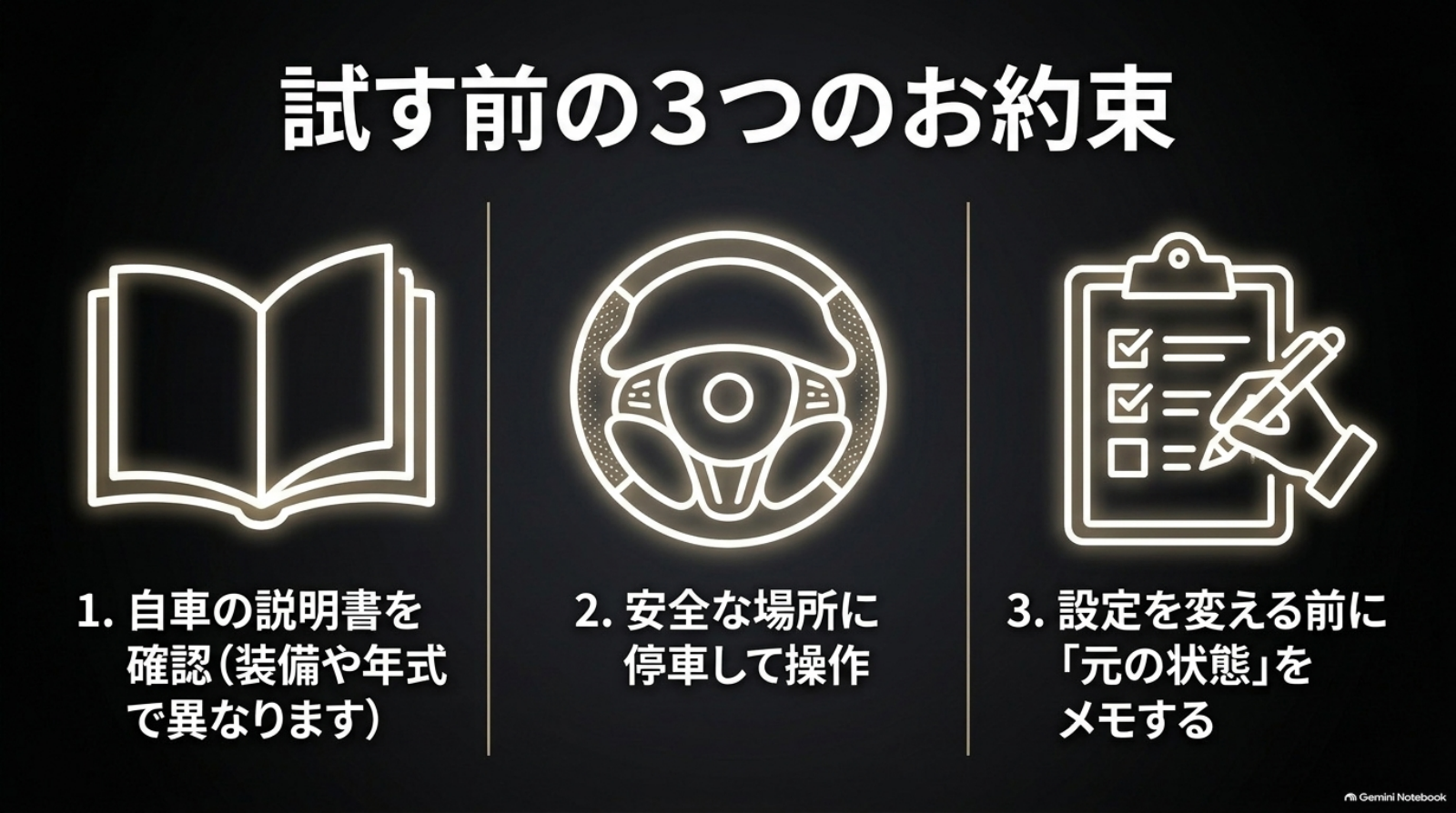 alphard-30-late-tips-03-before-settings 操作前に自車の説明書・安全な停車・元の設定を確認する3項目