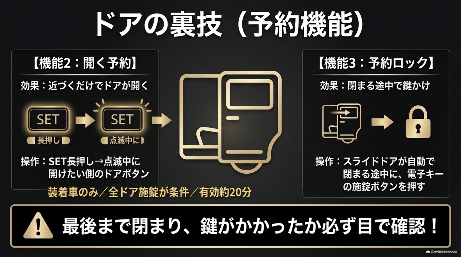 alphard-30-late-tips-06-door-reservations ドアを開く予約と自動閉中の予約ロック、施錠確認の注意点