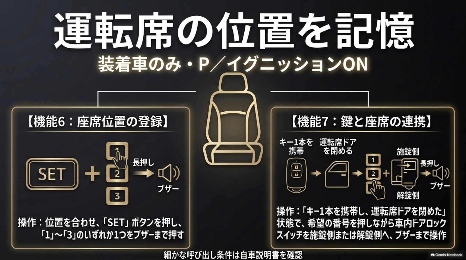 alphard-30-late-tips-08-seat-memory 運転席位置の登録と電子キーへの関連付けの操作図