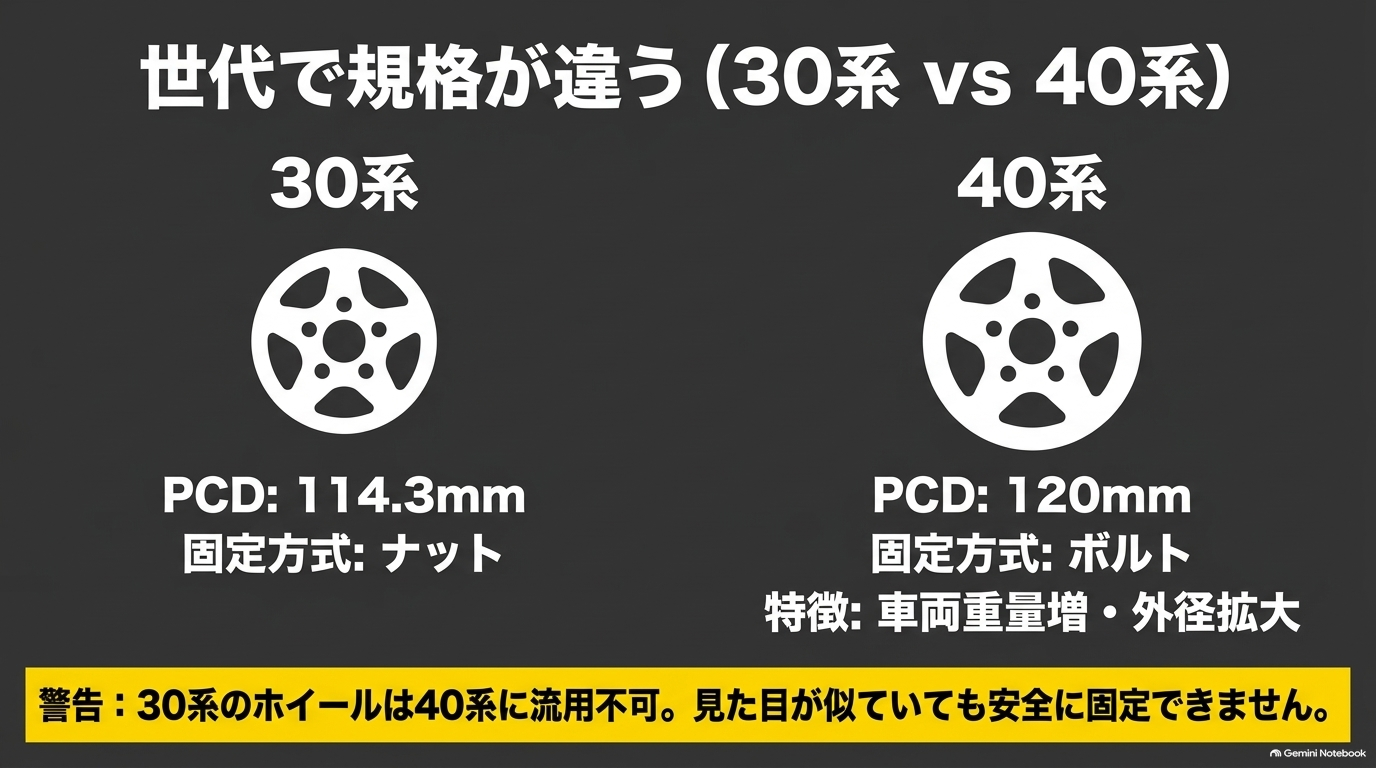 アルファード30系と40系で異なるホイール規格と固定方式【オートパーツらぼ・イメージ】 アルファードの30系と40系におけるPCDやボルト固定方式の違いと流用不可の警告スライド