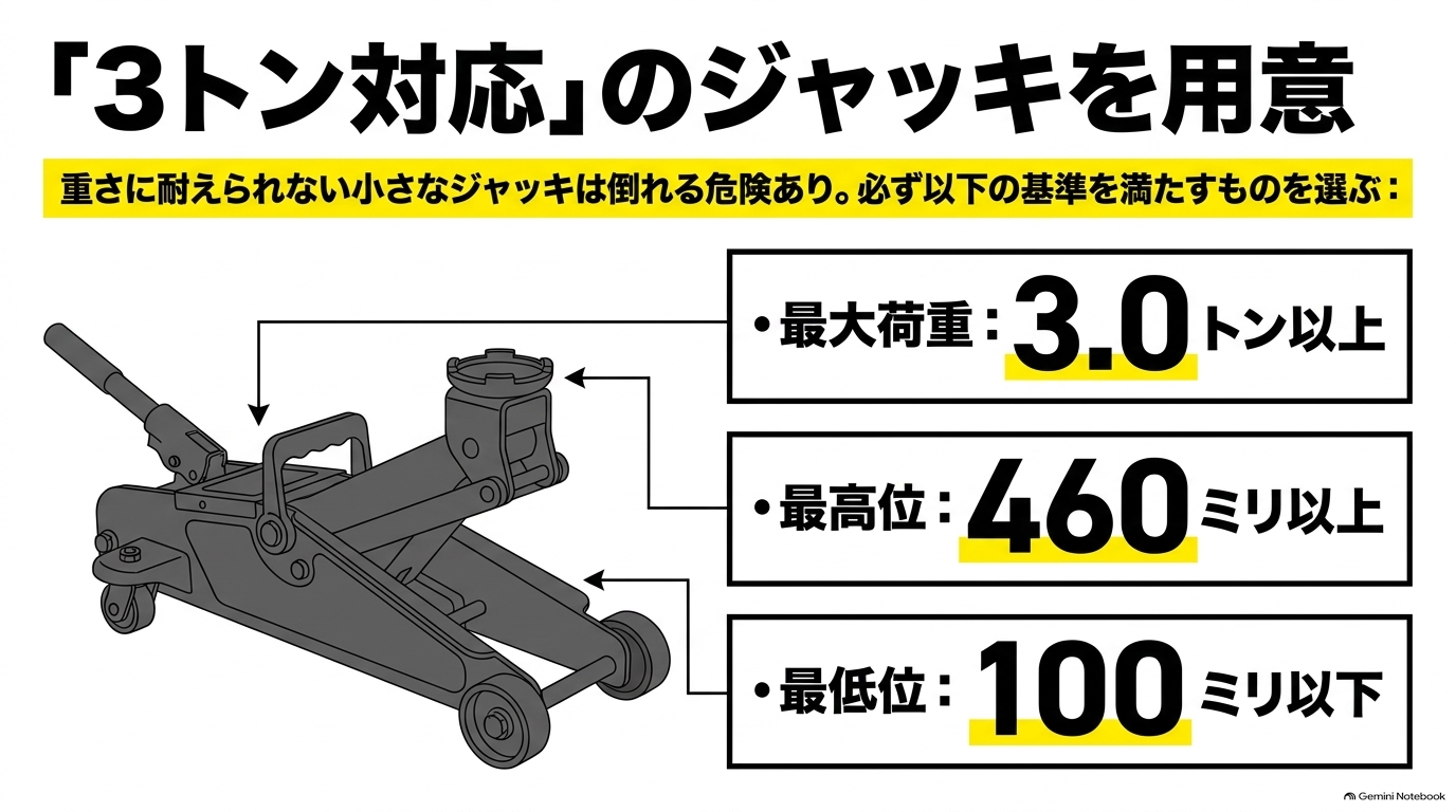 アルファードの転倒事故を防ぐため最大荷重3.0トン以上・最高位460ミリ以上・最低位100ミリ以下のガレージジャッキを選ぶ基準の図解