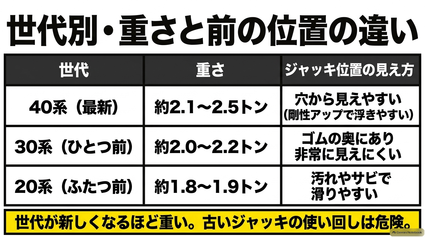 アルファードの40系・30系・20系における世代別の車両重量の違いとフロント中央ジャッキポイントの見え方を比較した一覧図解