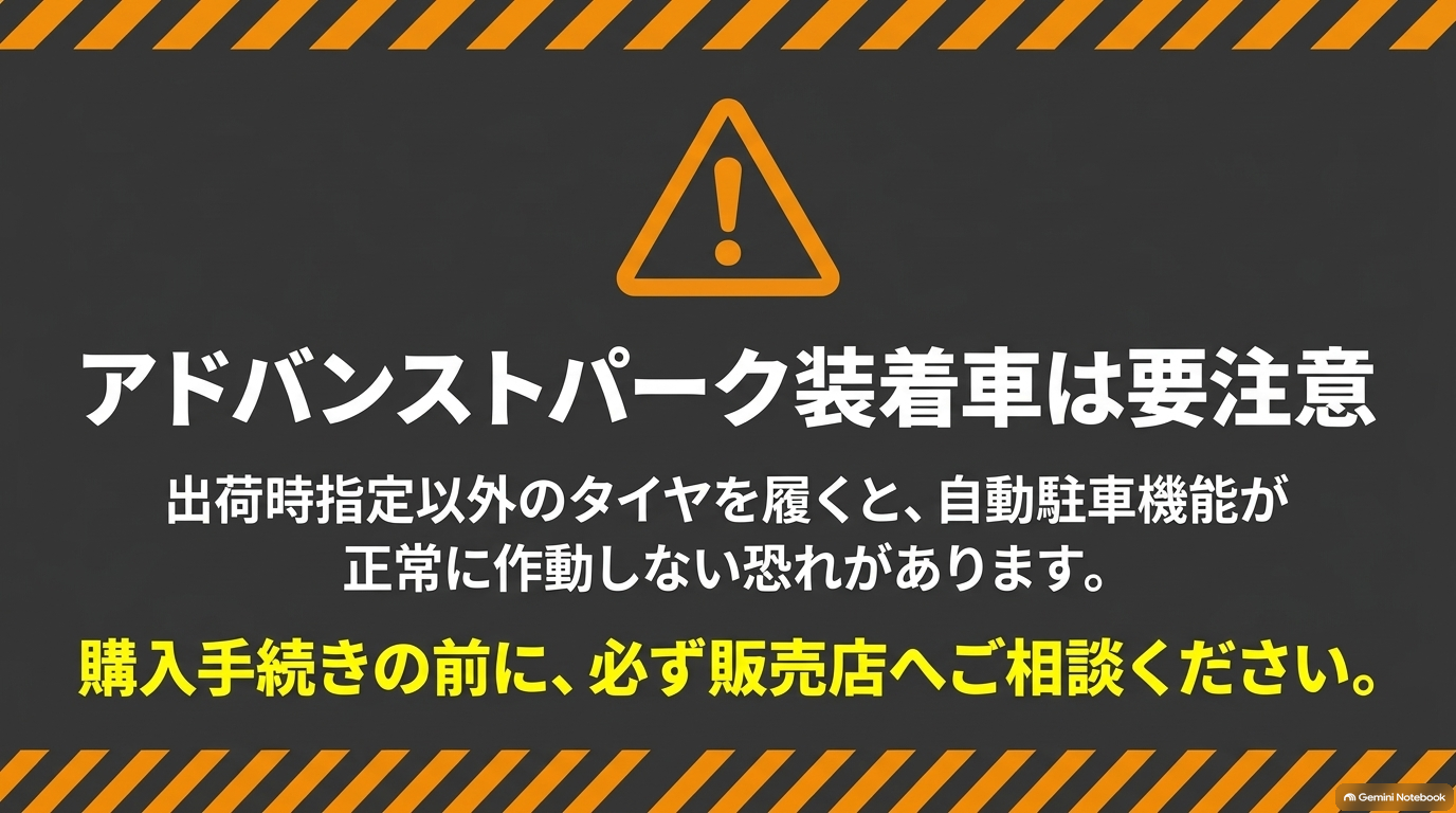 アドバンストパーク装着車のタイヤ交換注意点【オートパーツらぼ・イメージ】 アドバンストパーク装着車で指定以外のタイヤを使用する際の誤作動リスクと注意点を示すスライド