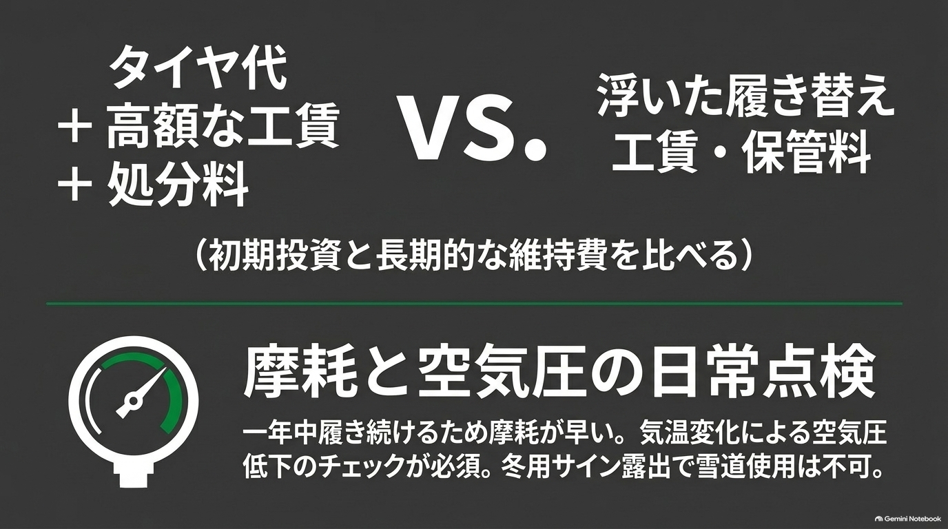 オールシーズンタイヤの費用比較と日常点検の重要性【オートパーツらぼ・イメージ】 オールシーズンタイヤの総額費用比較とタイヤ摩耗・空気圧の日常点検の必要性を示すスライド