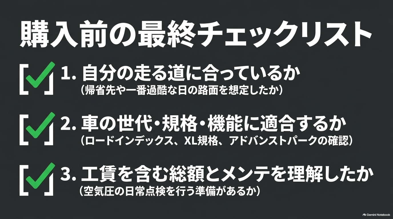 アルファードのオールシーズンタイヤ購入前チェックリスト【オートパーツらぼ・イメージ】 オールシーズンタイヤ購入前に確認すべき走行環境・規格適合・費用の3大チェックリストスライド