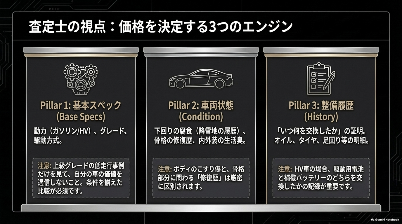 査定士が車を評価する3つの基準と注意点の解説【オートパーツらぼ・イメージ】 査定士が車を評価する3つの基準である基本スペック・車両状態・整備履歴とそれぞれの注意点を解説するスライド