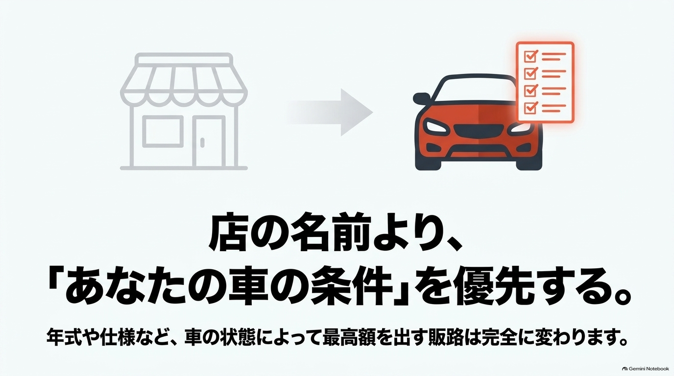 店舗の知名度や名前よりも車の条件や仕様を優先して売却先を選ぶ重要性を示すスライド