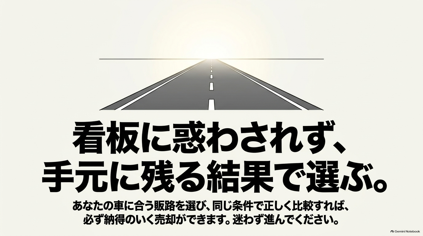 車の条件に合う販路を選び正しい手順で比較することの大切さを伝えるまとめスライド