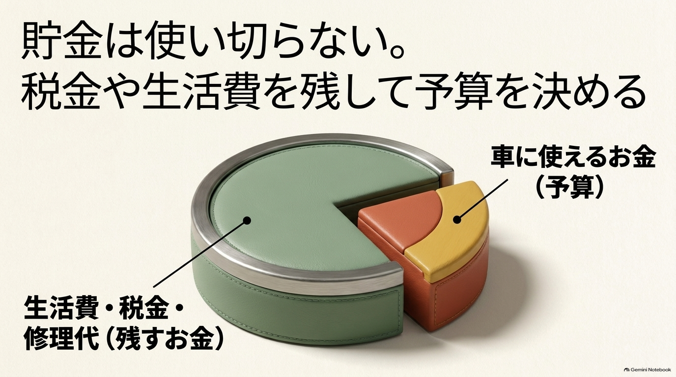 生活費や税金などの貯金を残した上で車に使える予算を決める円グラフを示すスライド
