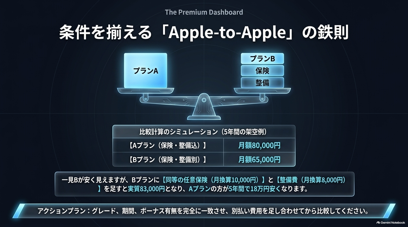 条件を揃えて比較する「Apple-to-Apple」の鉄則とシミュレーションを示すスライド。
