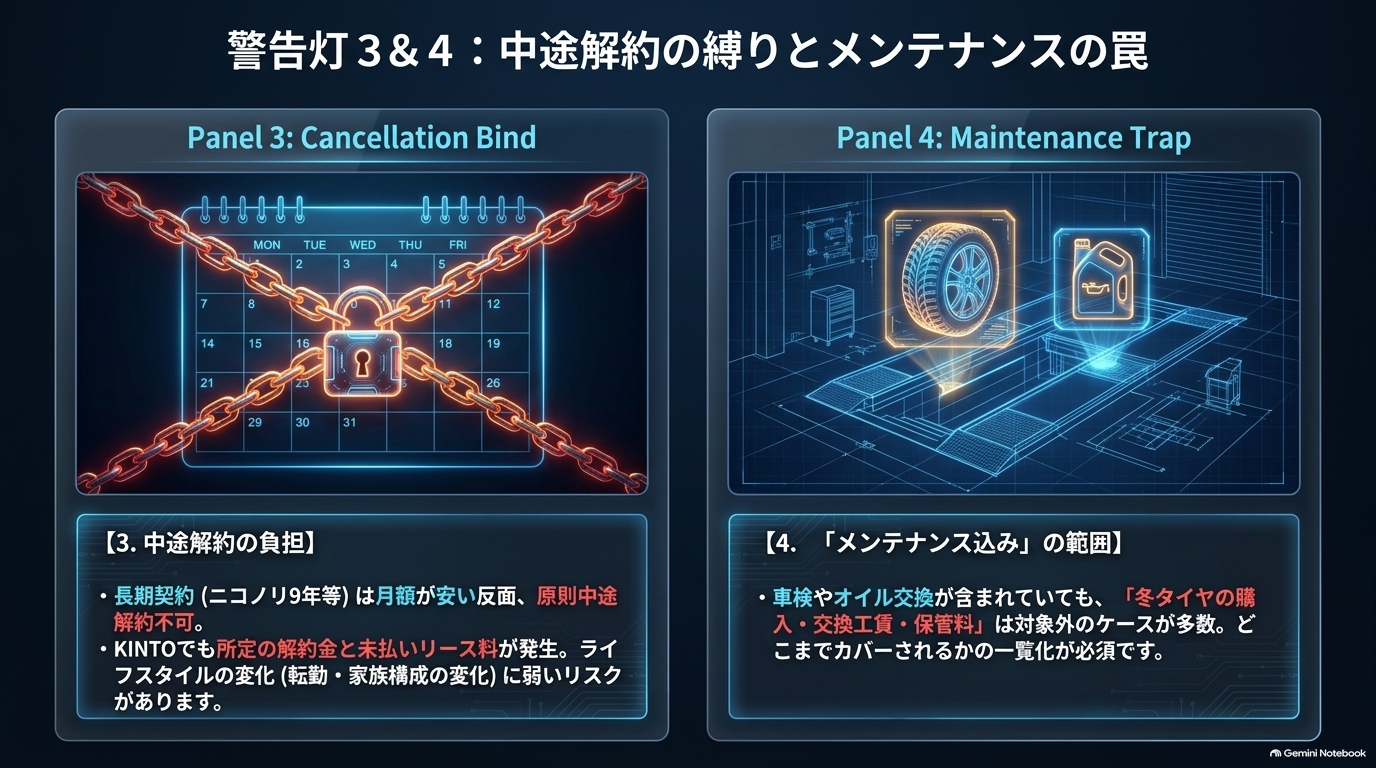 警告灯3（中途解約）と警告灯4（メンテナンス範囲）の詳細を説明するスライド。