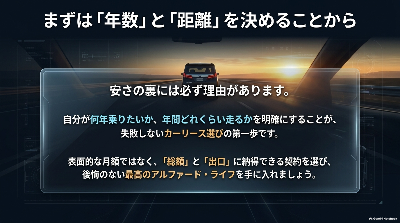 カーリース選びで失敗しないための最初のステップとまとめを伝えるスライド。