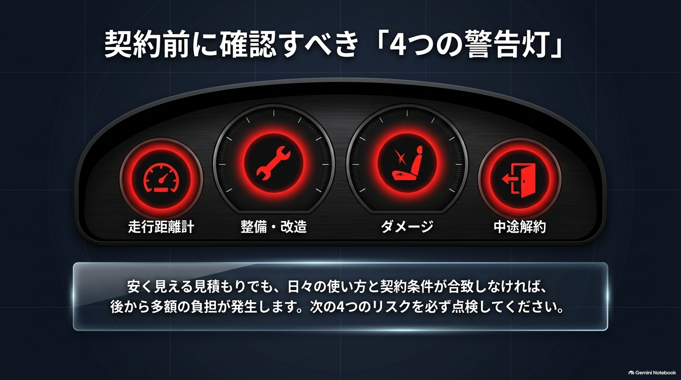 契約前に確認すべき4つの警告灯（注意点）をメーターパネル風に示したスライド。