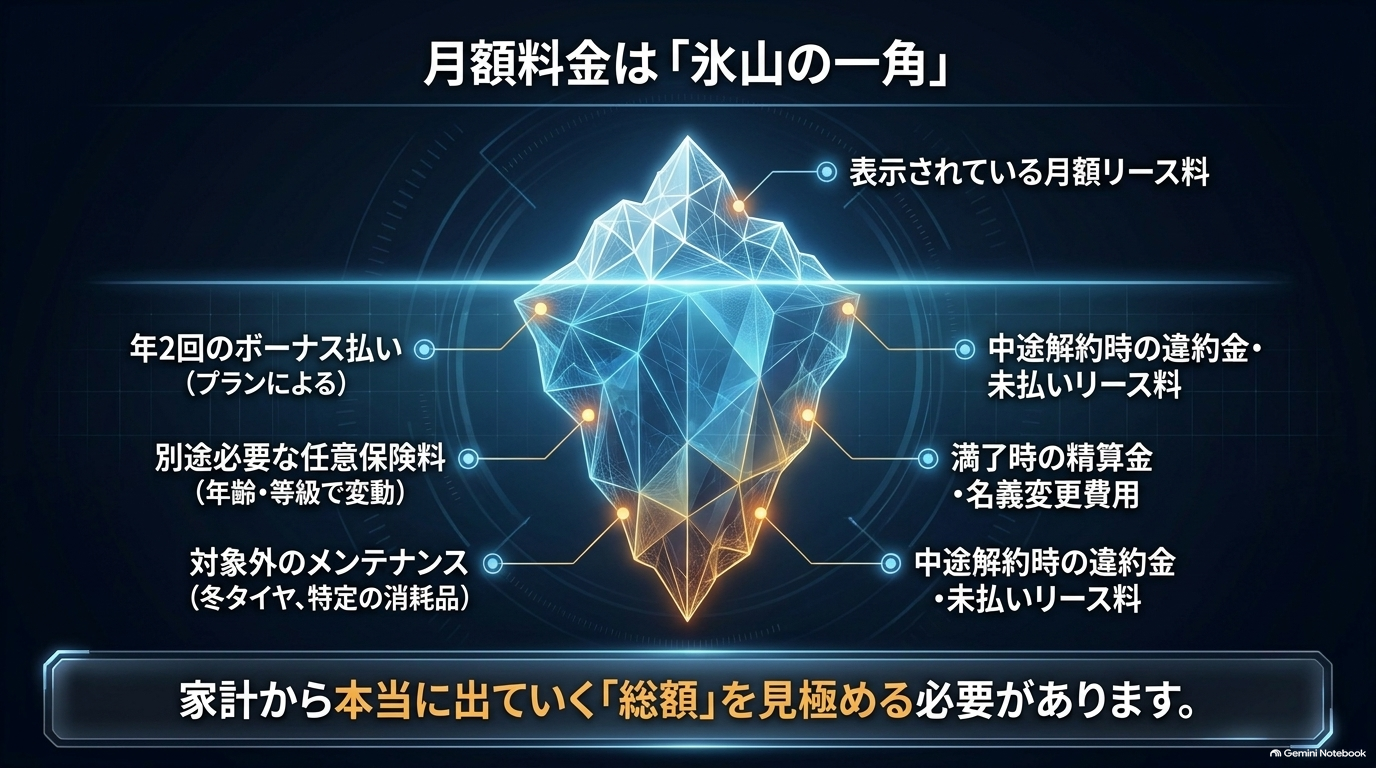月額料金に含まれない隠れた費用を氷山の図で説明するスライド。