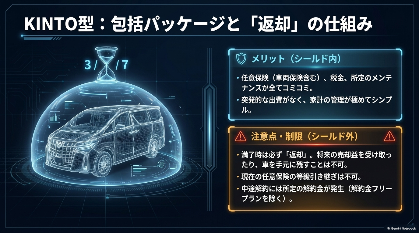 KINTO型の包括パッケージと返却の仕組みを解説するスライド。