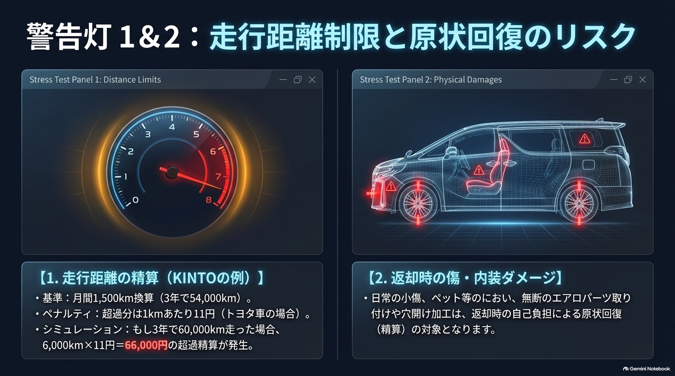 警告灯1（走行距離制限）と警告灯2（原状回復リスク）の詳細を説明するスライド。