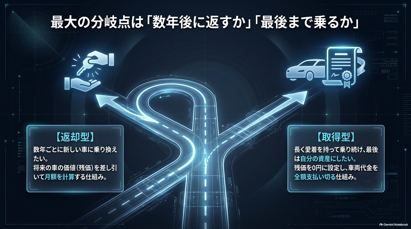 返却型と取得型の2つの契約タイプの違いを道路の分岐イラストで解説するスライド。