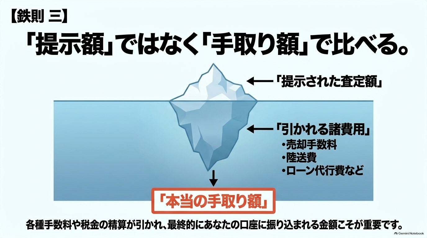 提示された査定額面ではなく諸費用や手数料を差し引いた実際の手取り額で比べる重要性を説明するスライド