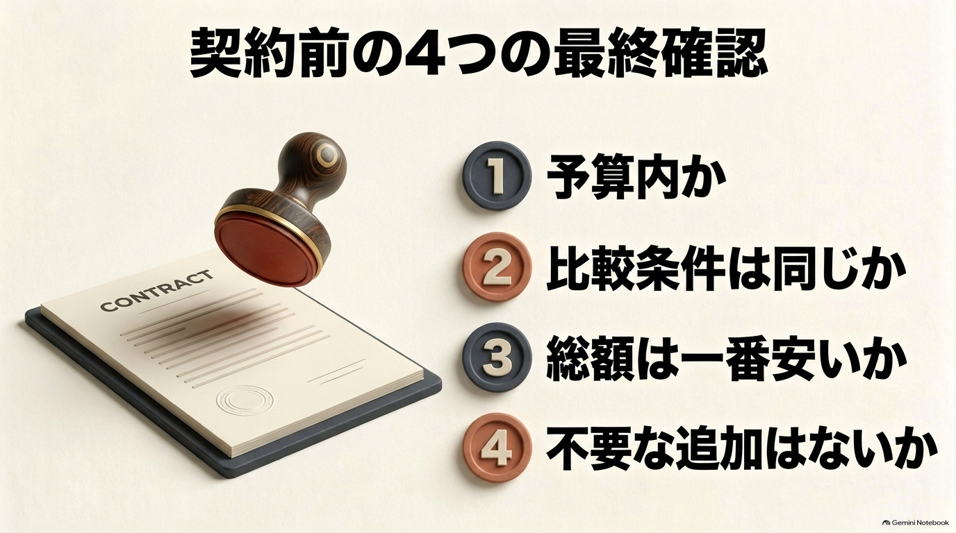 アルファード購入契約直前に確認すべき4つのポイントをまとめたスライド