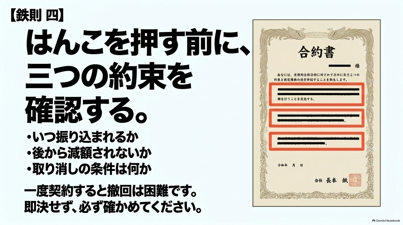 契約前に必ず確認すべき入金日・減額規定・キャンセル条件の3つの重要事項を解説するスライド