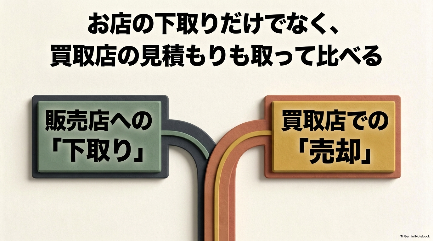 販売店への下取りだけでなく買取店での売却額も比較する重要性を示すスライド