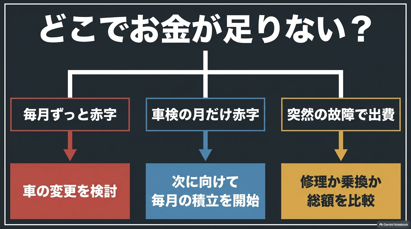 毎月の赤字か一時的な出費の不足かに応じた対処法を示すフローチャート