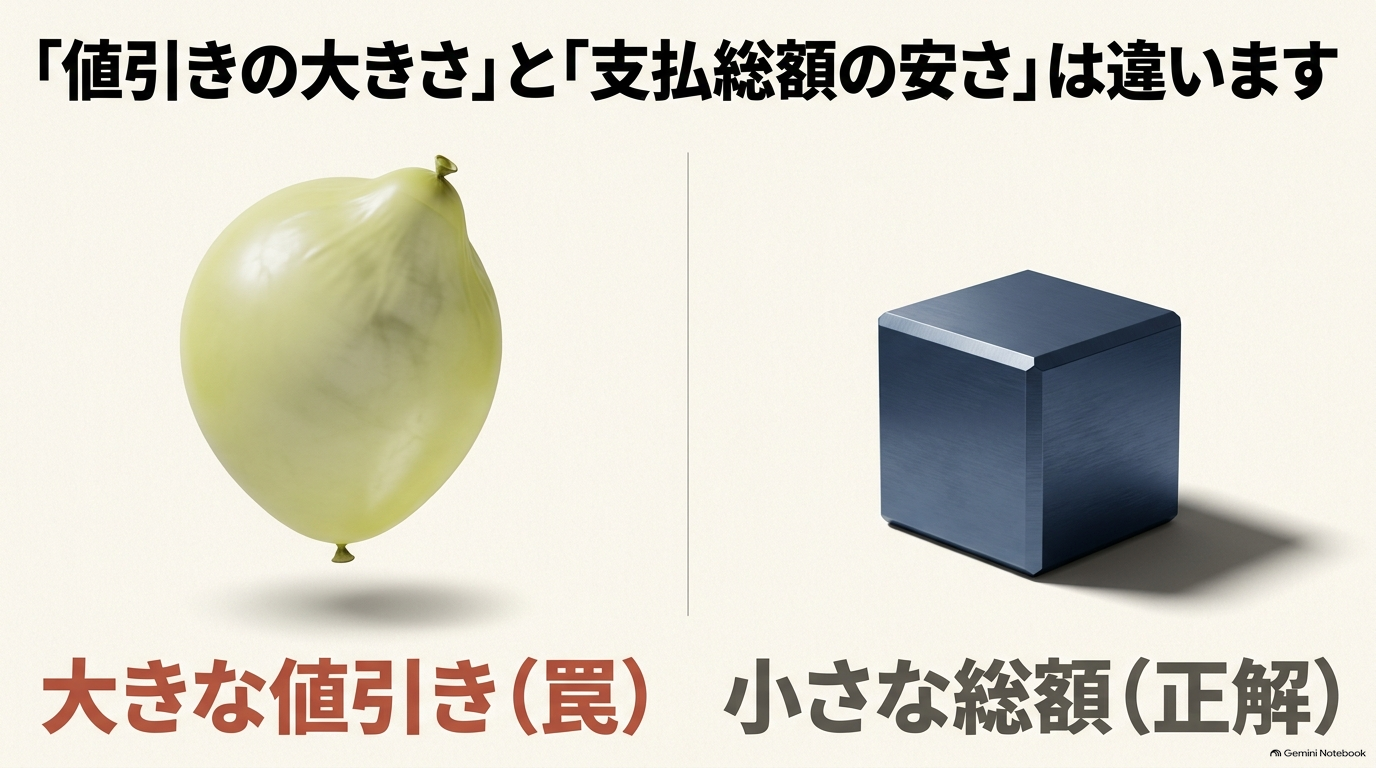 値引きの大きさと支払総額の安さの違いを風船と立方体で説明するスライド