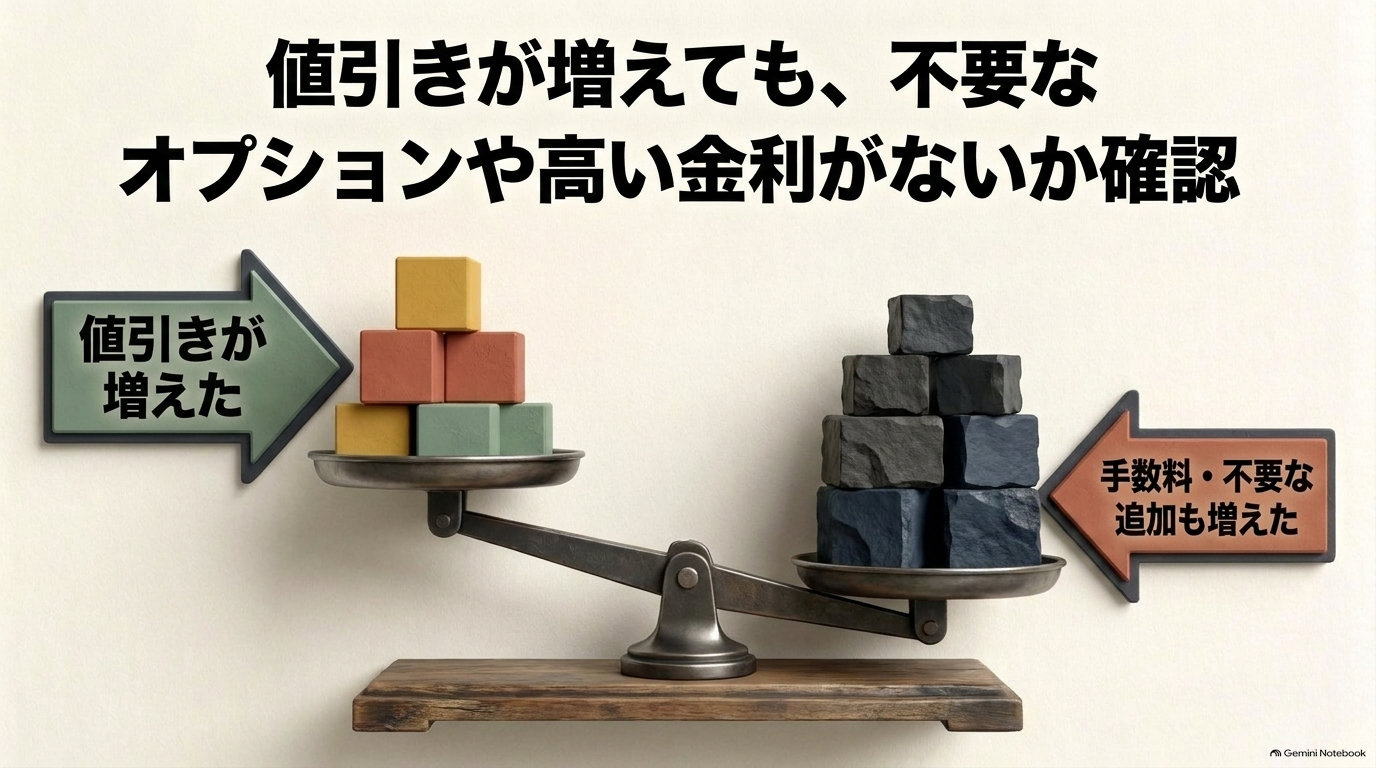 値引き増加の裏にある不要オプションや手数料増加のリスクを天秤で比較したスライド